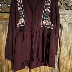 Lola Maroon Floral Embroidered BoHo Blouse